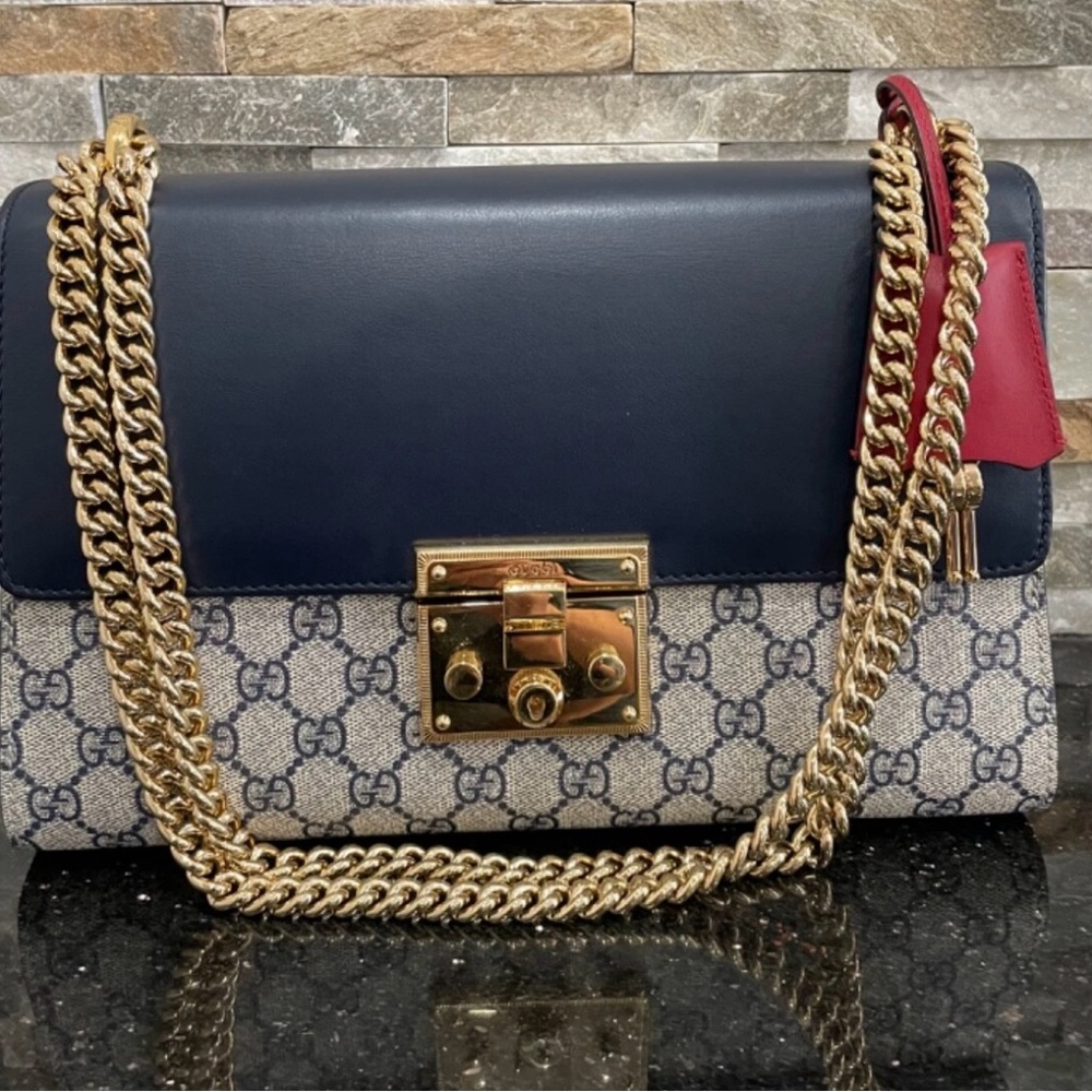 Gucci Navy cream padlock guccisima shoulder medium hand bag purse